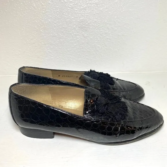 Stuart Weitzman Razmataz Leather Tassel Block Heel Loafers Black Croc Snake 8