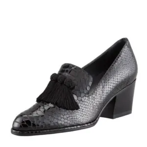 Stuart Weitzman Razmataz Leather Tassel Block Heel Loafers Black Croc Snake 8