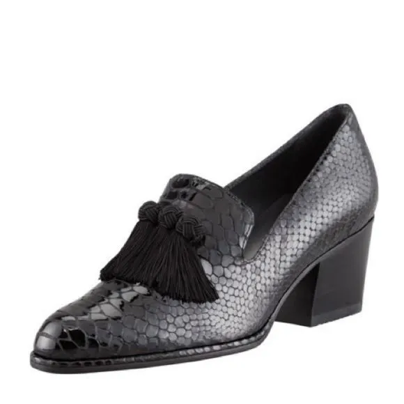 Stuart Weitzman Razmataz Leather Tassel Block Heel Loafers Black Croc Snake 8