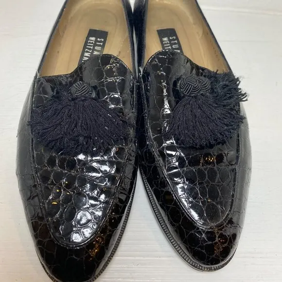 Stuart Weitzman Razmataz Leather Tassel Block Heel Loafers Black Croc Snake 8