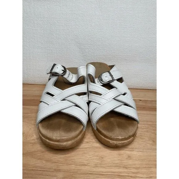 Sven Women’s White Strappy Weave Wooden Swedish Clogs Mules Sandals 38/7.5