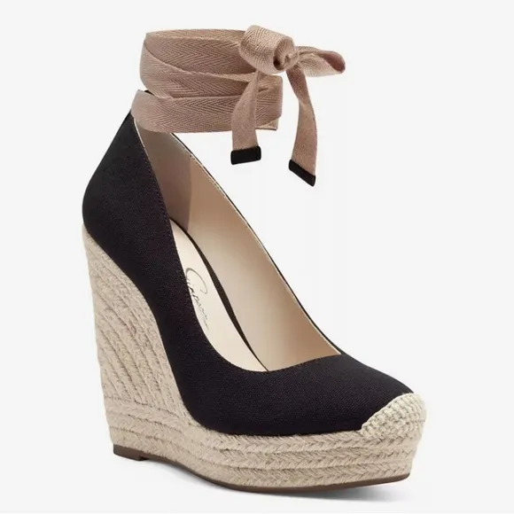 Sz 7 / Jessica Simpson Black and Tan Wedge Espadrilles