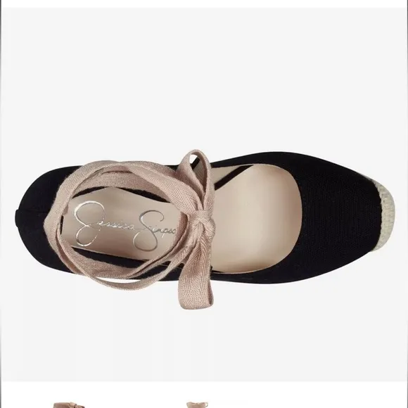 Sz 7 / Jessica Simpson Black and Tan Wedge Espadrilles