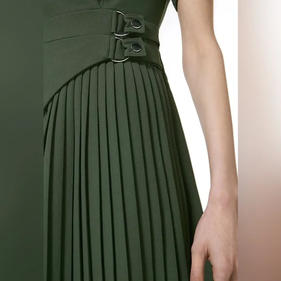Tailored Military Pleat Notch Neck Wrap Mini Dress in “Khaki”