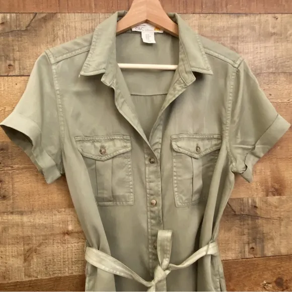Tailored Olive Green Button Up Cargo Shirt Dress by C&amp;C California