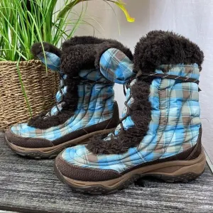 The North Face Nuptse Girl’s Blue &amp; Brown Plaid Fur Trim Lace Up Snow Boots 4