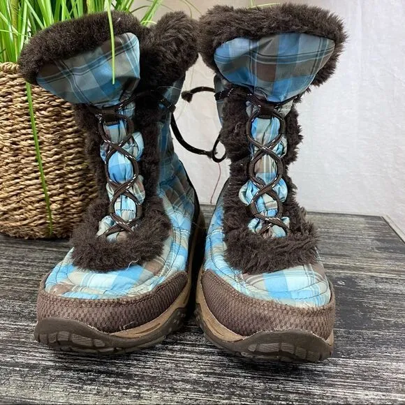 The North Face Nuptse Girl’s Blue &amp; Brown Plaid Fur Trim Lace Up Snow Boots 4