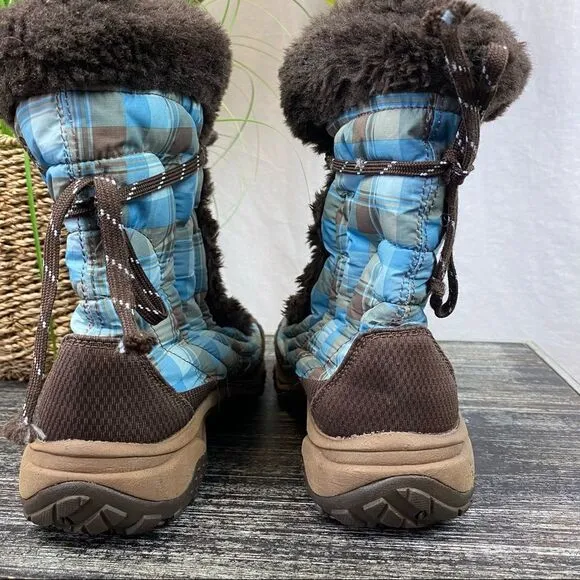 The North Face Nuptse Girl’s Blue &amp; Brown Plaid Fur Trim Lace Up Snow Boots 4
