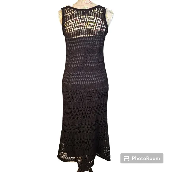 THEORY Size 2 Black Bohemian Sleeveless Sheer Crochet Lined Cotton Midi Dress