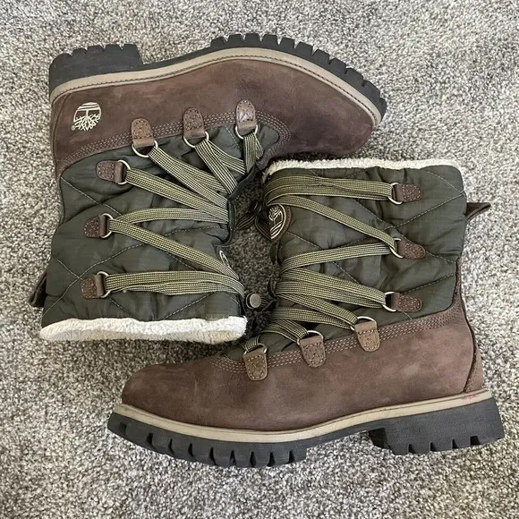 Timberland Snow Boots Womens 9 M Brown Green Lace Up Suede Winter Shearling