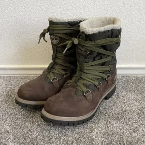 Timberland Snow Boots Womens 9 M Brown Green Lace Up Suede Winter Shearling