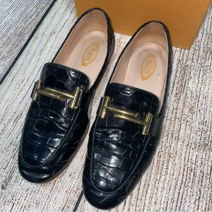 Tod’s Black Leather Croc Print Loafers Sz 6 (36)