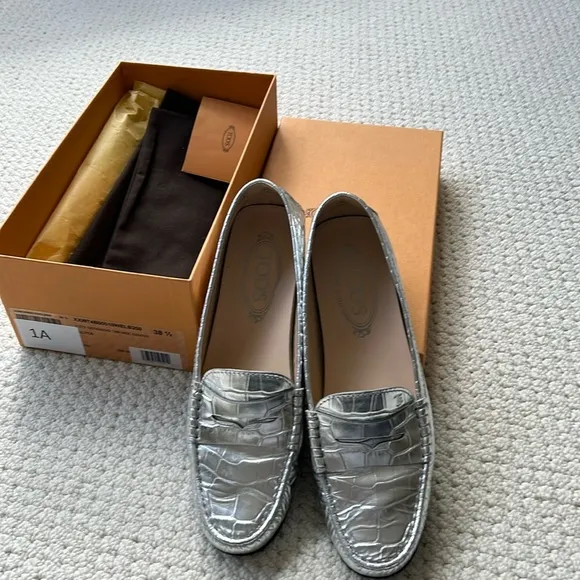Tod's Silver Croc-Embossed Loafers