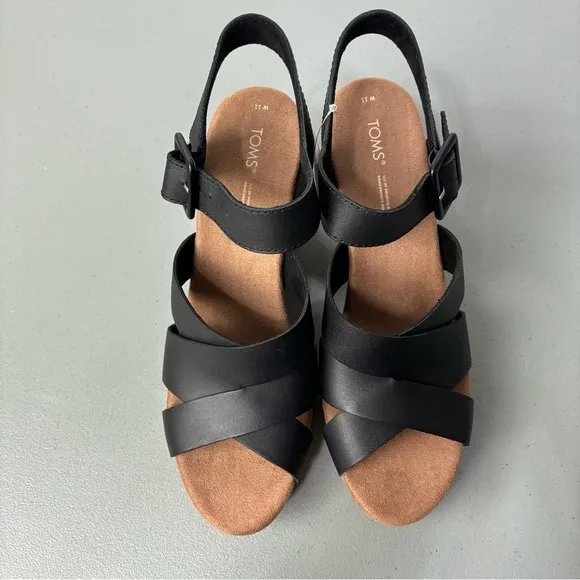Toms Ava Women's Black Heel Sandals Cork Chunky NWT Size 11 Strappy Ankle Buckle