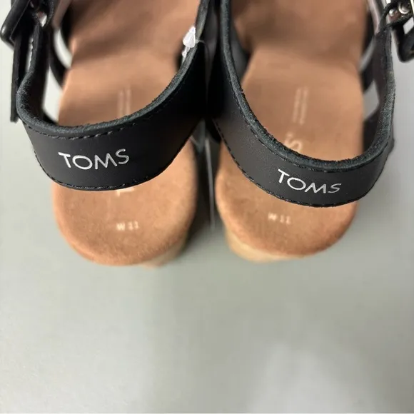 Toms Ava Women's Black Heel Sandals Cork Chunky NWT Size 11 Strappy Ankle Buckle