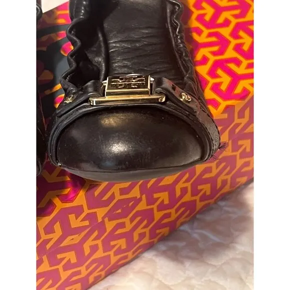 TORY BURCH Ambrose Ballet Flats Leather Camel Black Gold Buckle Women's Size 7 B