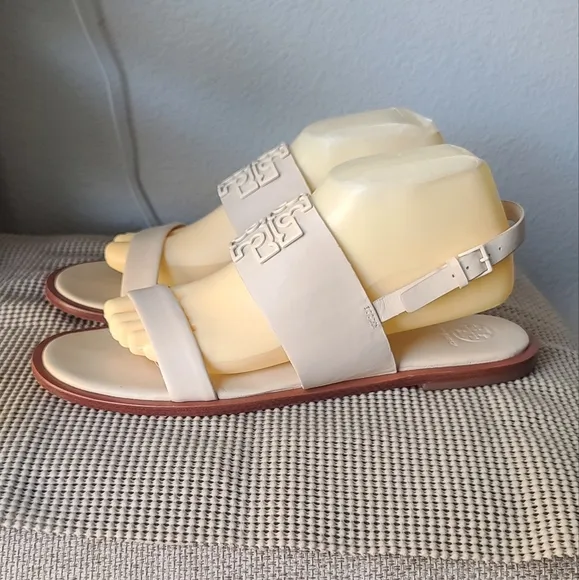 Tory Burch Beige Leather Logo Accent Sandals