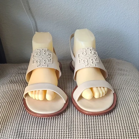 Tory Burch Beige Leather Logo Accent Sandals
