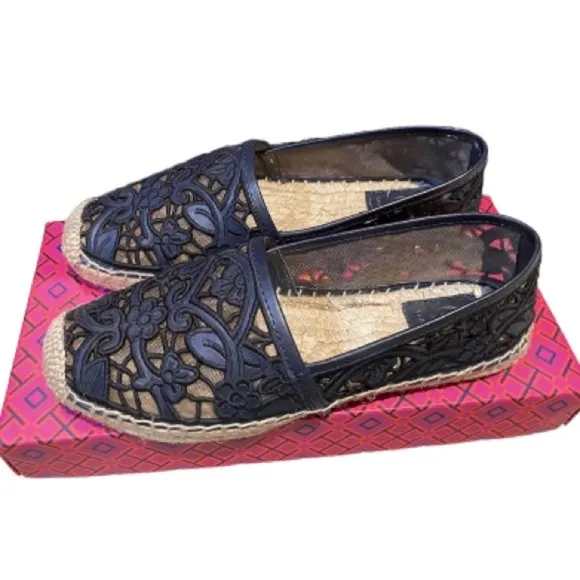 Tory Burch Black Cotton Lace and Leather Jackie Espadrilles Sz 8 Women