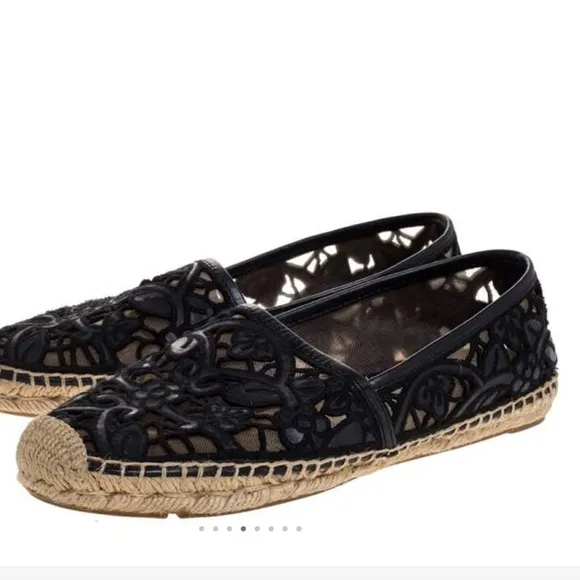 Tory Burch Black Cotton Lace and Leather Jackie Espadrilles Sz 8 Women