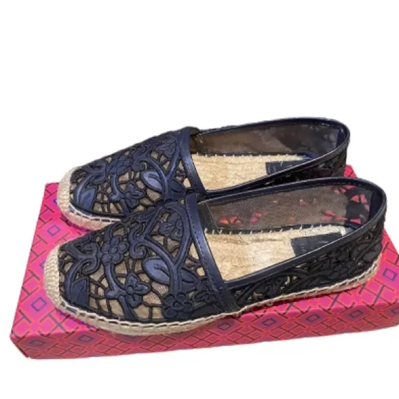 Tory Burch Black Cotton Lace and Leather Jackie Espadrilles Sz 8 Women