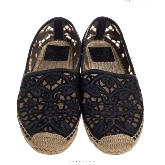 Tory Burch Black Cotton Lace and Leather Jackie Espadrilles Sz 8 Women