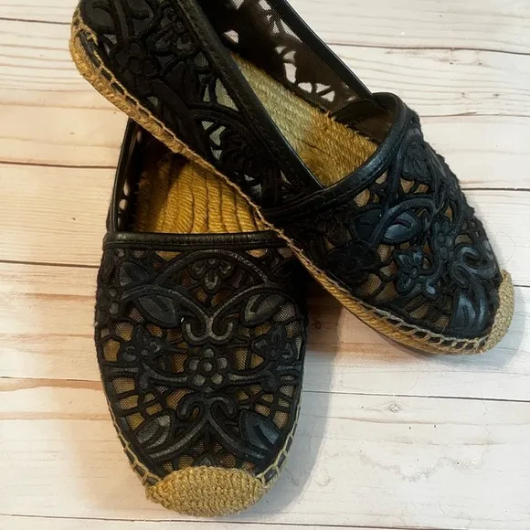 Tory Burch Black Cotton Lace and Leather Jackie Espadrilles Sz 8 Women
