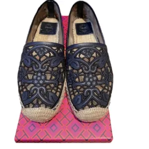 Tory Burch Black Cotton Lace and Leather Jackie Espadrilles Sz 8 Women