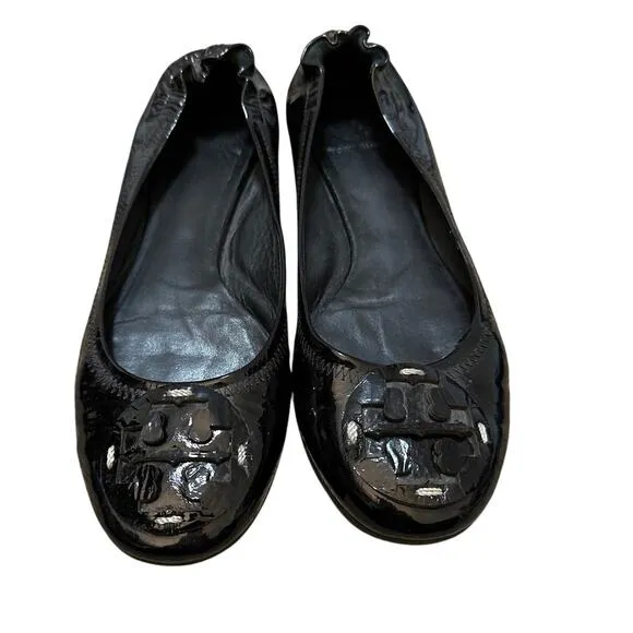 Tory Burch Black Patent Leather Ballet Flats Medallion Size 8.5