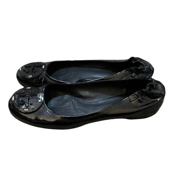 Tory Burch Black Patent Leather Ballet Flats Medallion Size 8.5