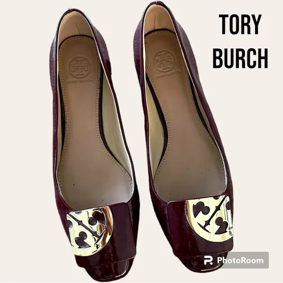 TORY BURCH Burgundy Oxblood Patent Leather Ballet Flats Gold Logo Size 9
