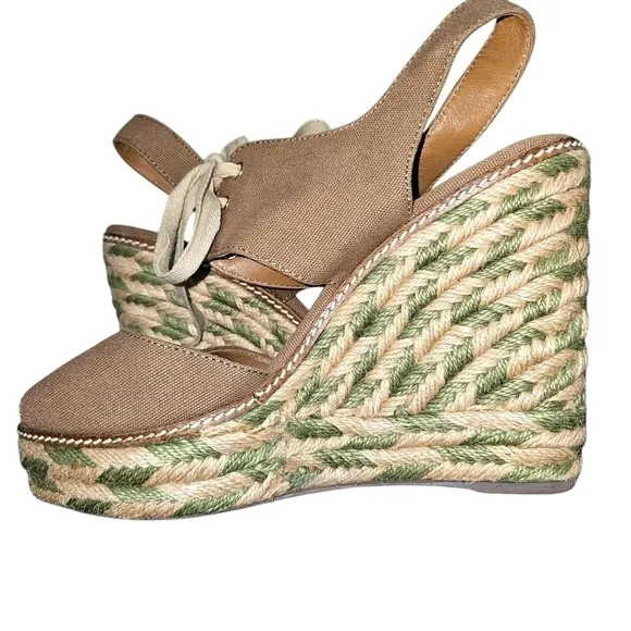 Tory Burch Canvas and Raffia Wedge Platform Espadrilles Sandals in 11