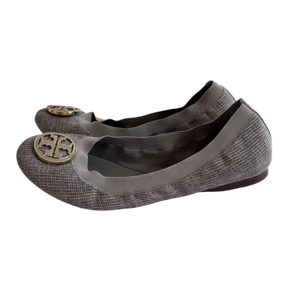 TORY BURCH Caroline Tan/Gold Fabric Ballet Flats Sz 8.5