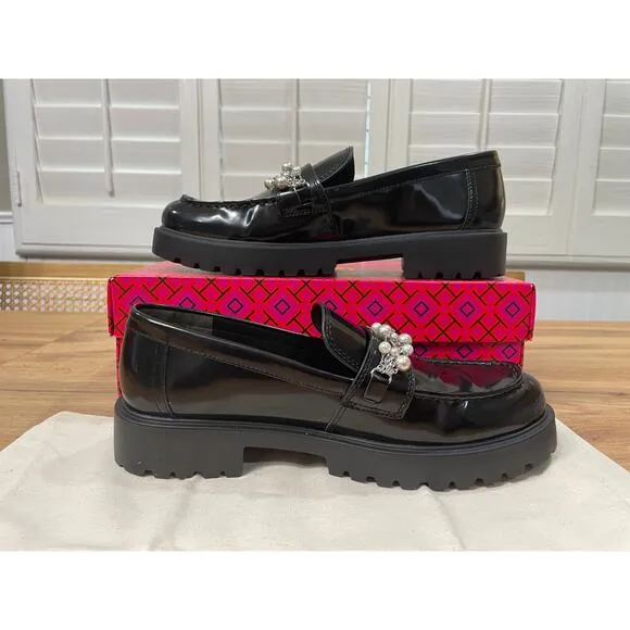 Tory Burch Classic Embellished Medallion Lug Loafer Black Leather Size 8 NIB