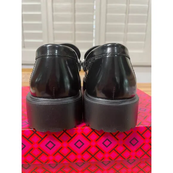 Tory Burch Classic Embellished Medallion Lug Loafer Black Leather Size 8 NIB