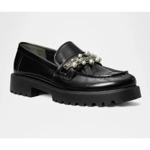 Tory Burch Classic Embellished Medallion Lug Loafer Black Leather Size 8 NIB