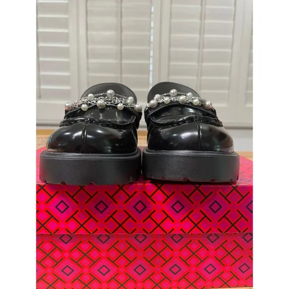 Tory Burch Classic Embellished Medallion Lug Loafer Black Leather Size 8 NIB