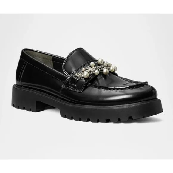Tory Burch Classic Embellished Medallion Lug Loafer Black Leather Size 8 NIB