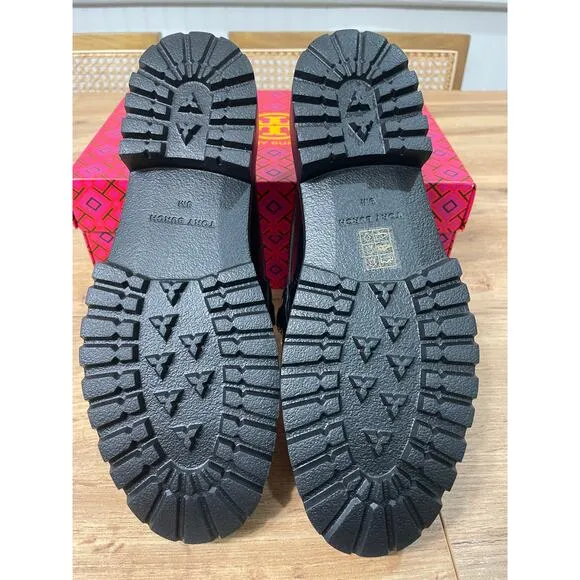Tory Burch Classic Embellished Medallion Lug Loafer Black Leather Size 8 NIB