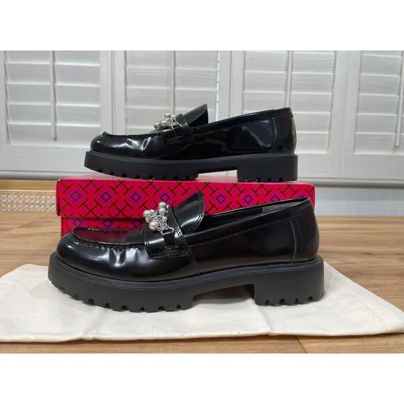 Tory Burch Classic Embellished Medallion Lug Loafer Black Leather Size 8 NIB