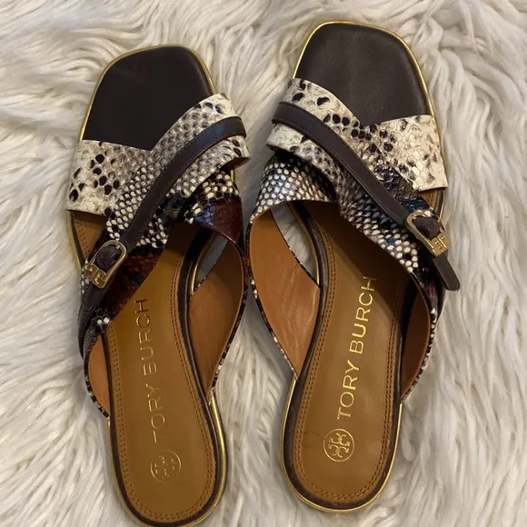 Tory Burch Delaney Crisscoss Flat SlideSandals Womens Size 9.5  Leather Logo