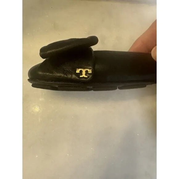 Tory Burch Divine Bow Logo Driver Black Leather Ballet Flats Size 7