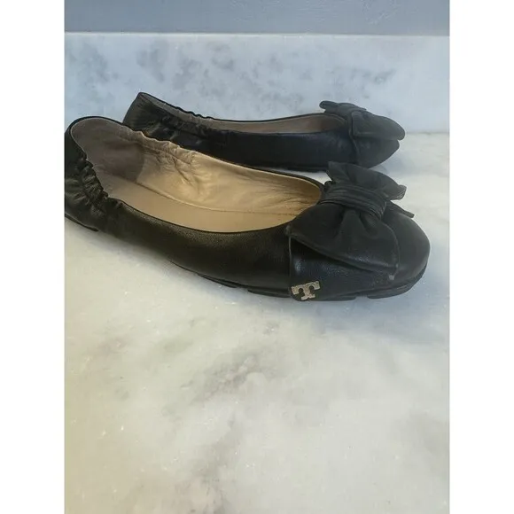 Tory Burch Divine Bow Logo Driver Black Leather Ballet Flats Size 7