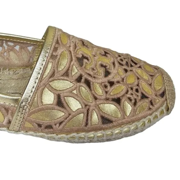 Tory Burch Espadrilles Women's Size 7 Rhea Floral Lace Metallic Gold Slip On