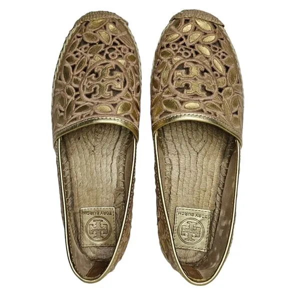 Tory Burch Espadrilles Women's Size 7 Rhea Floral Lace Metallic Gold Slip On