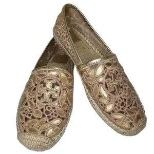 Tory Burch Espadrilles Women's Size 7 Rhea Floral Lace Metallic Gold Slip On