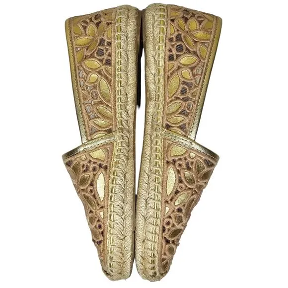 Tory Burch Espadrilles Women's Size 7 Rhea Floral Lace Metallic Gold Slip On