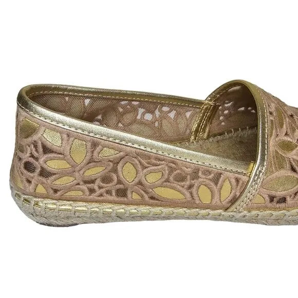 Tory Burch Espadrilles Women's Size 7 Rhea Floral Lace Metallic Gold Slip On