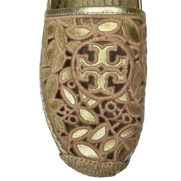 Tory Burch Espadrilles Women's Size 7 Rhea Floral Lace Metallic Gold Slip On