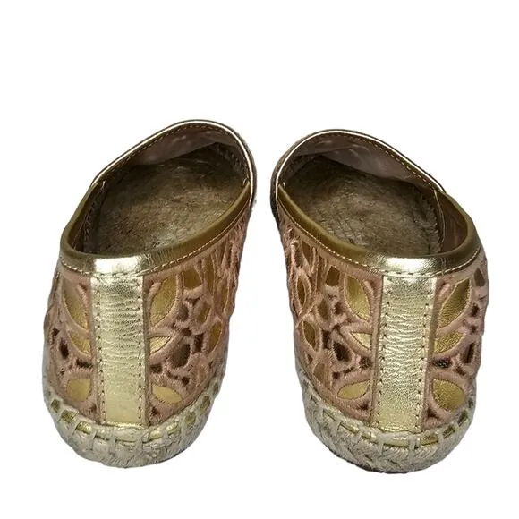 Tory Burch Espadrilles Women's Size 7 Rhea Floral Lace Metallic Gold Slip On